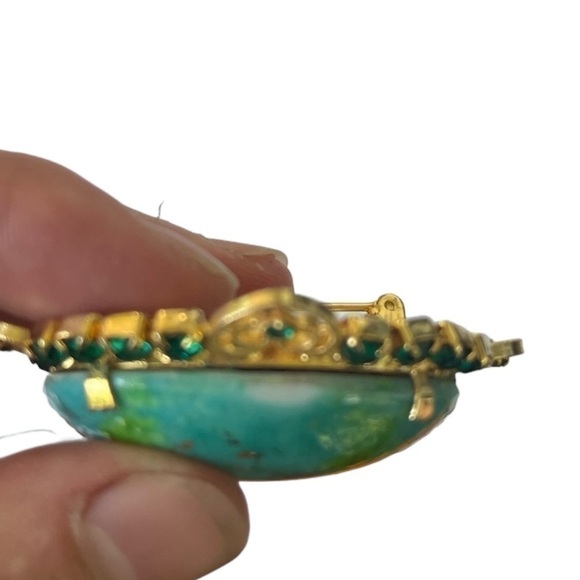 Vintage Brooch and Clip Earrings Set Green and Aqua Rhinestone rare 1960s - Picture 13 of 13